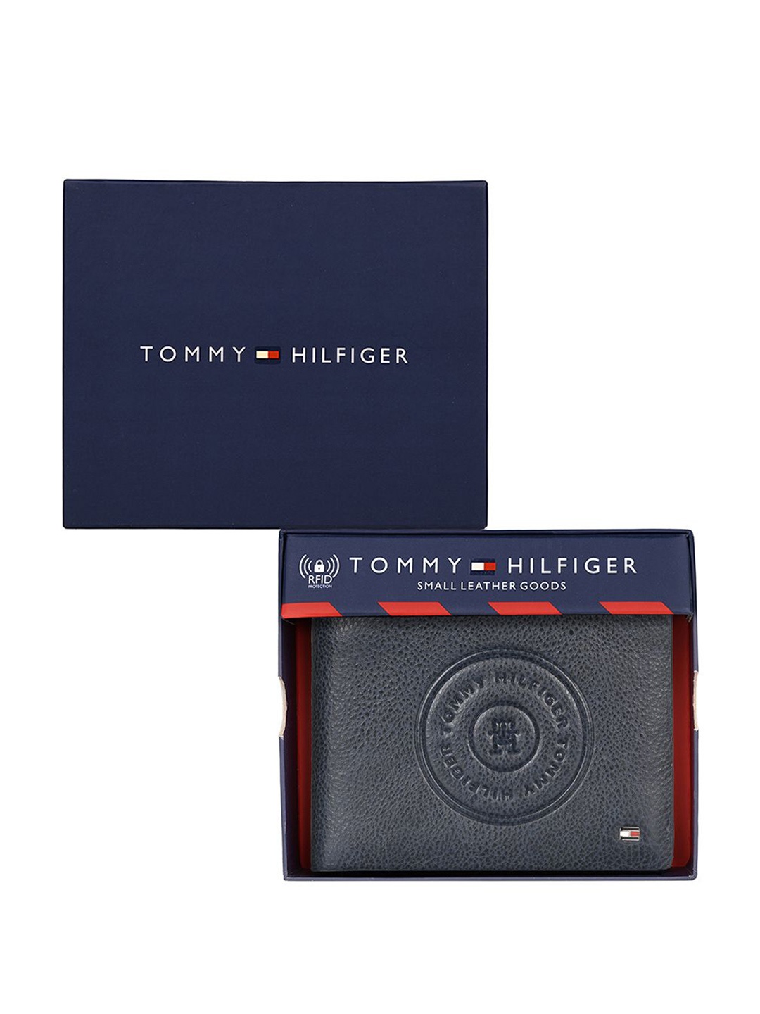 

Tommy Hilfiger Men Typography Printed Leather Two Fold Wallet, Navy blue