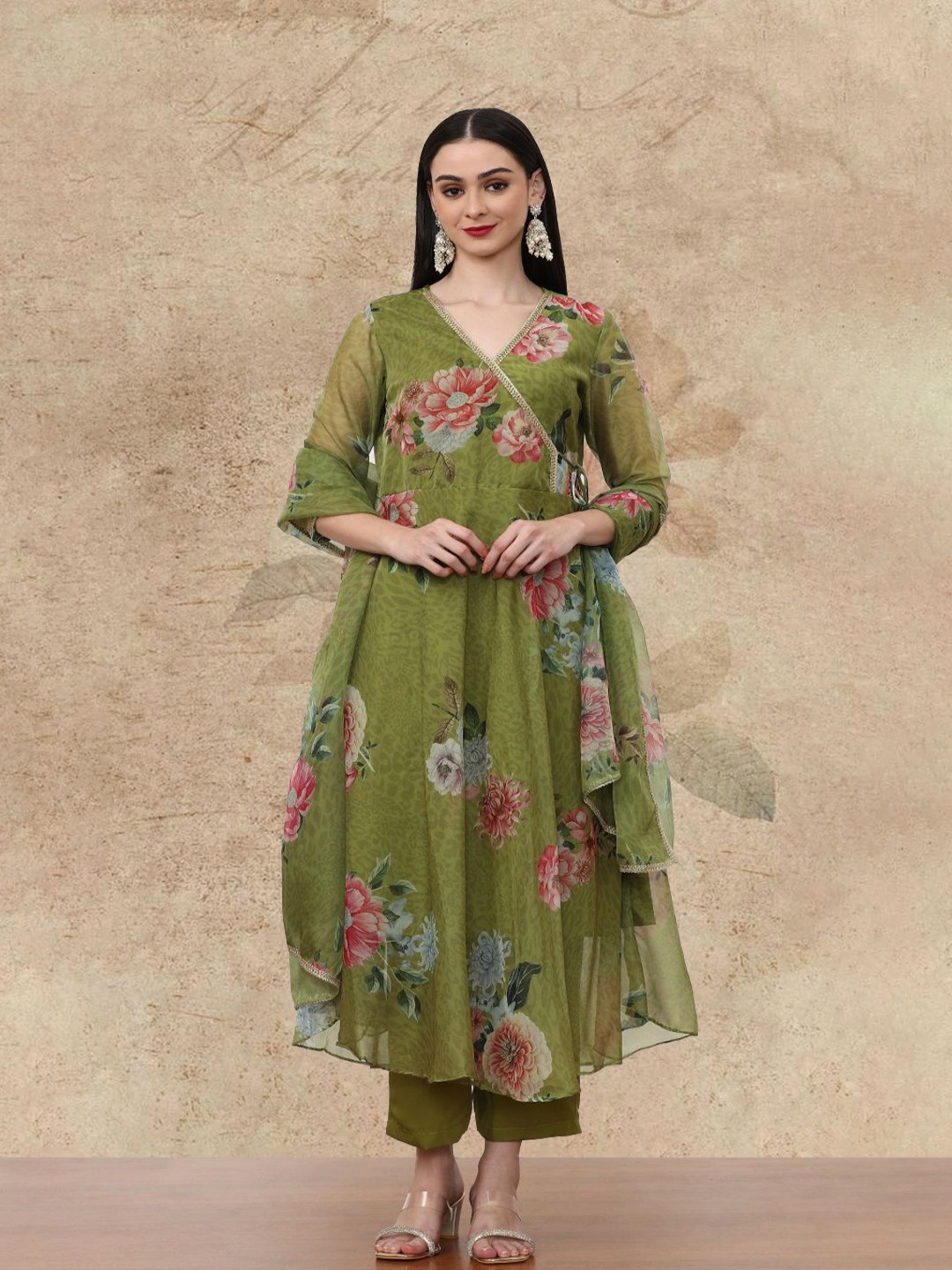 

AVANSHEE Floral Printed V-Neck Angrakha Anarkali Kurta With Trouser And Dupatta, Green