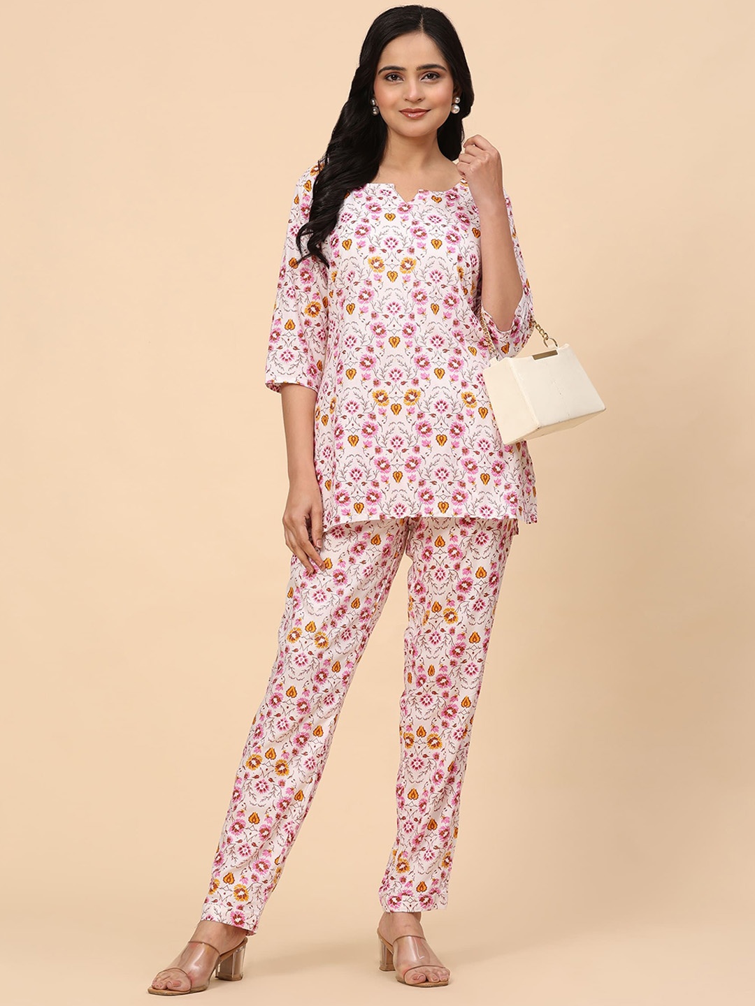 

Intizer Floral Printed Notch neck Tunic With Trousers, White