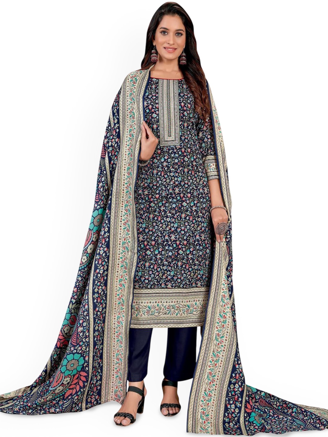 

DRAVINAM Trends Floral Printed Pashmina Unstitched Dress Material, Blue