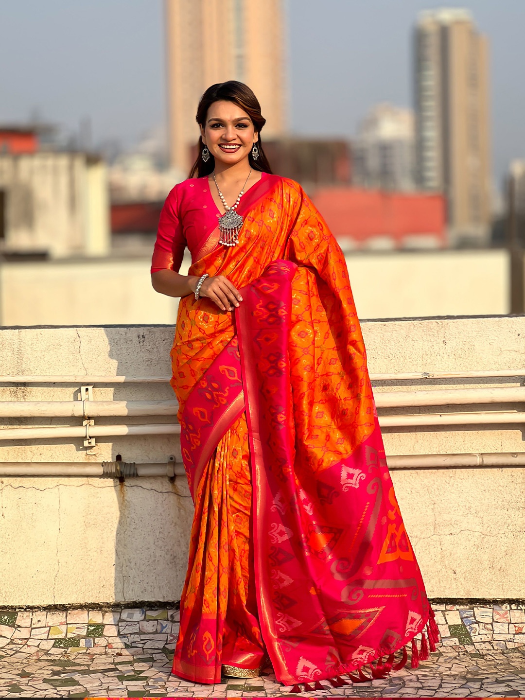 

Vintro Woven Design Zari Pure Silk Patola Saree, Orange