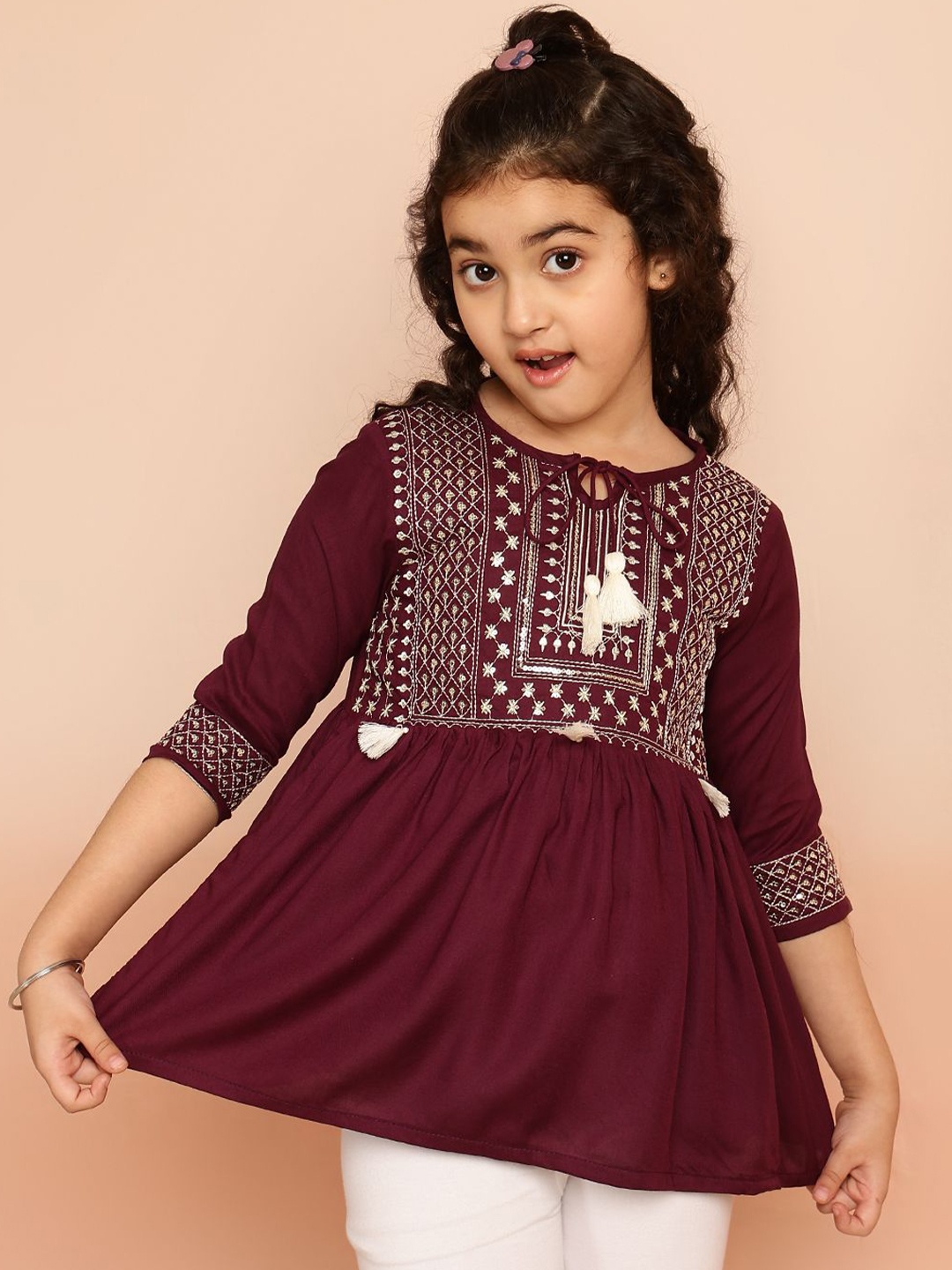 

Ishti Girls Embroidered Tie-up Neck Top, Maroon