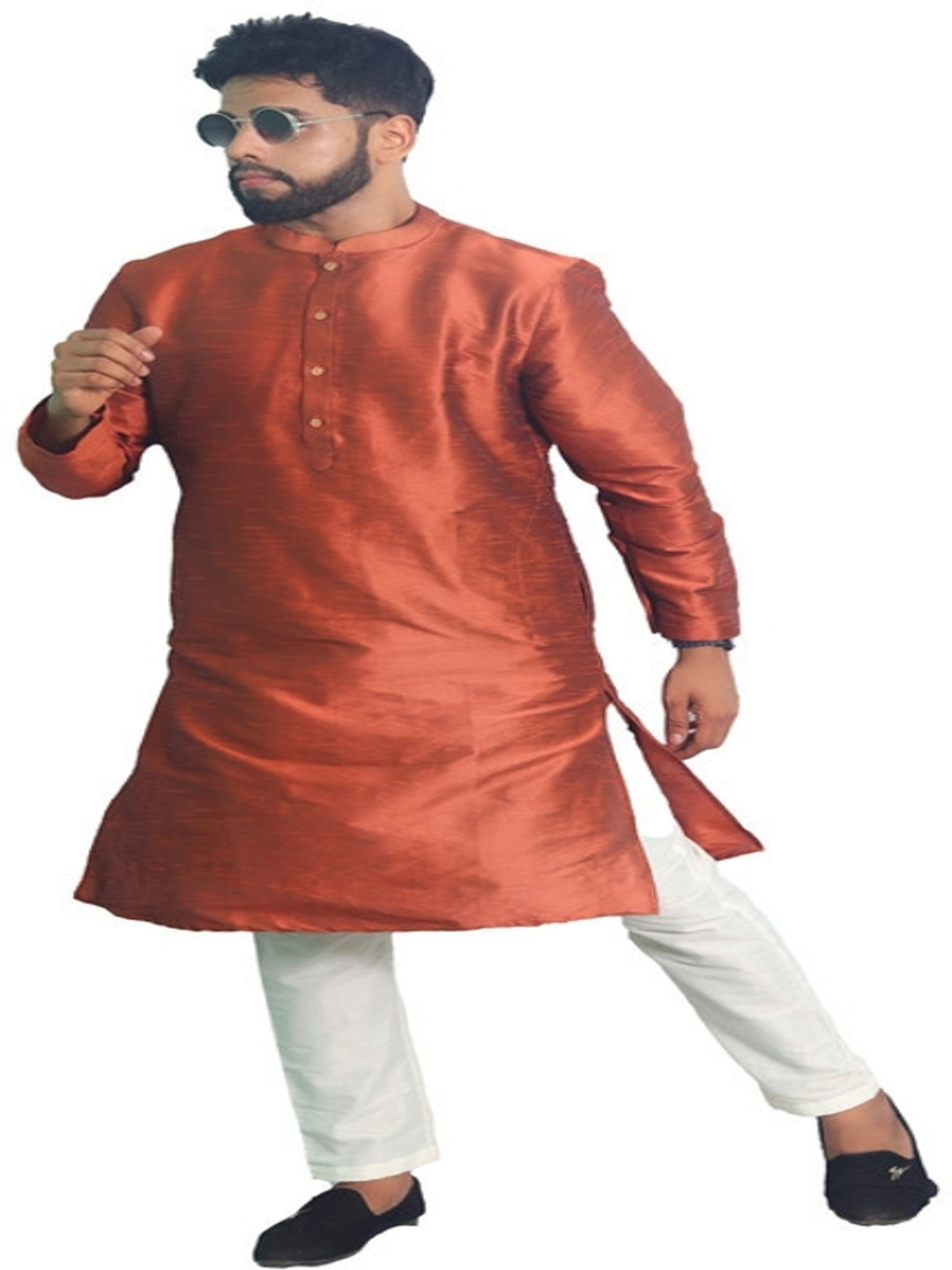 

House of Aqss Floral Printed Mandarin Collar Dupion Silk Straight Kurta With Pyjamas, Brown