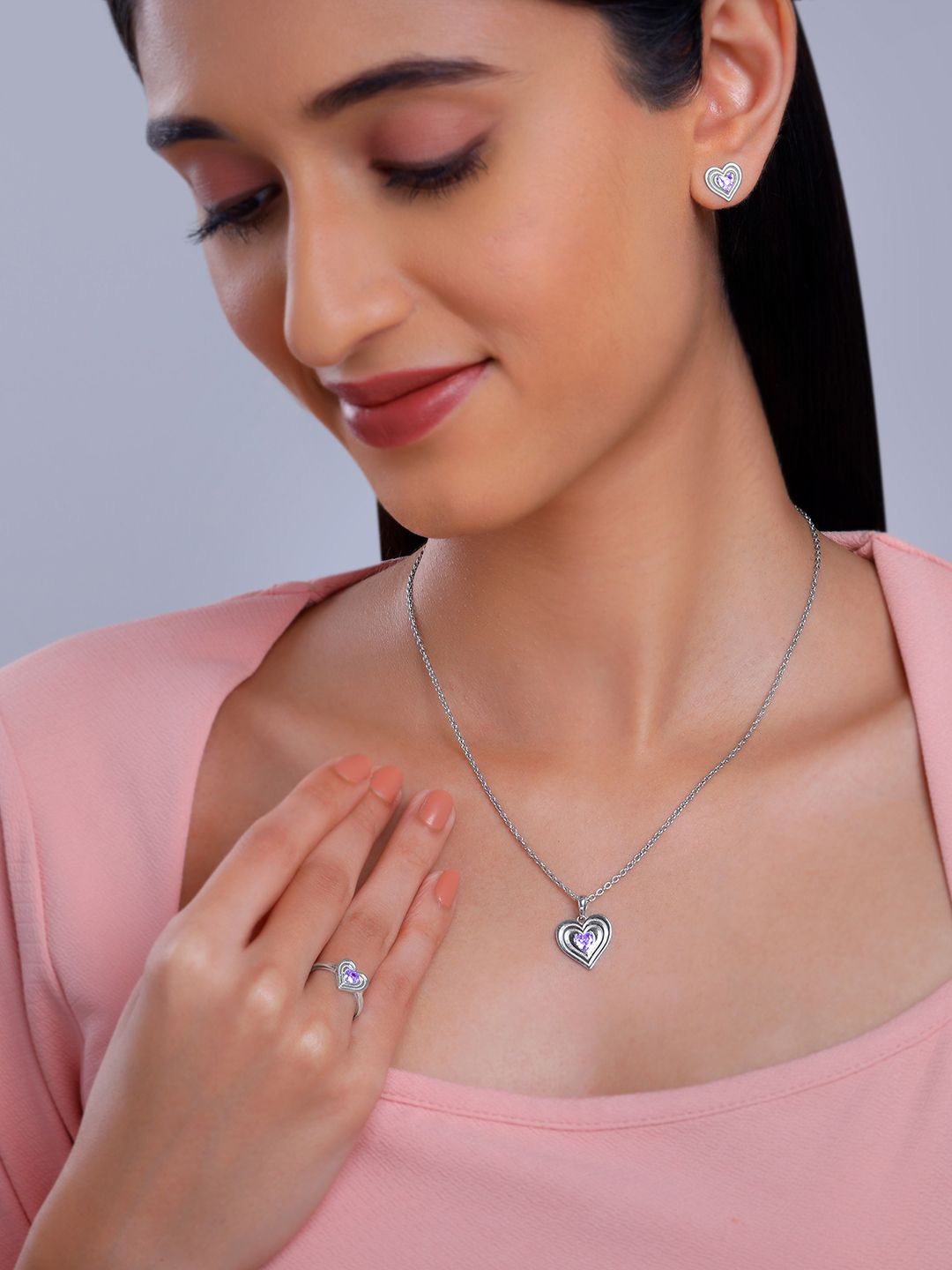 

GIVA 92.5 Sterling Silver Rhodium-Plated Stones-Studded Pendant and Earrings