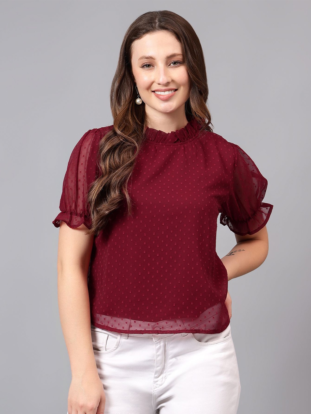 

BAESD Puff Sleeve Georgette Top, Maroon