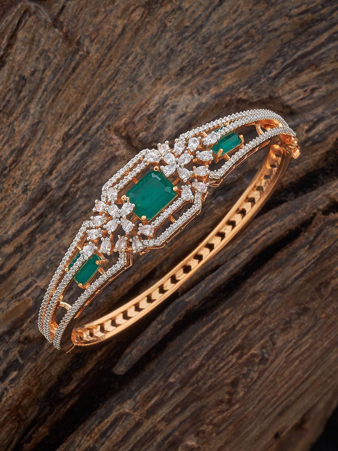 

Kushal's Fashion Jewellery Women Green Cubic Zircon Studded Kada Bangle, Gold