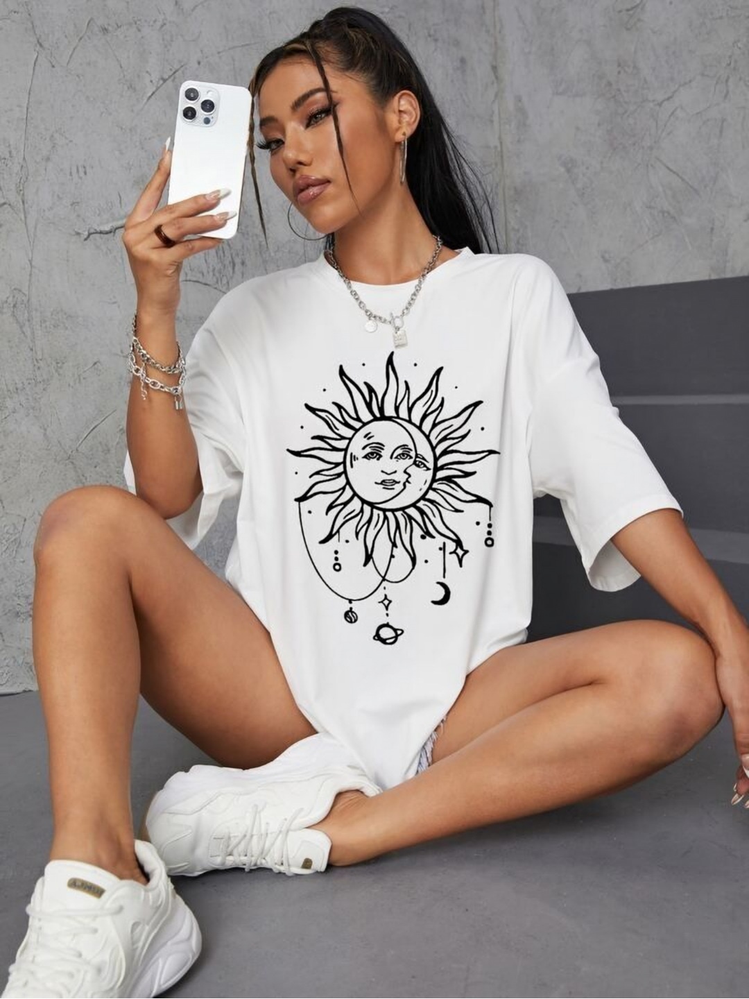 

KASHIAN Women Graphic Printed Round Neck Cotton Oversized T-shirt, White