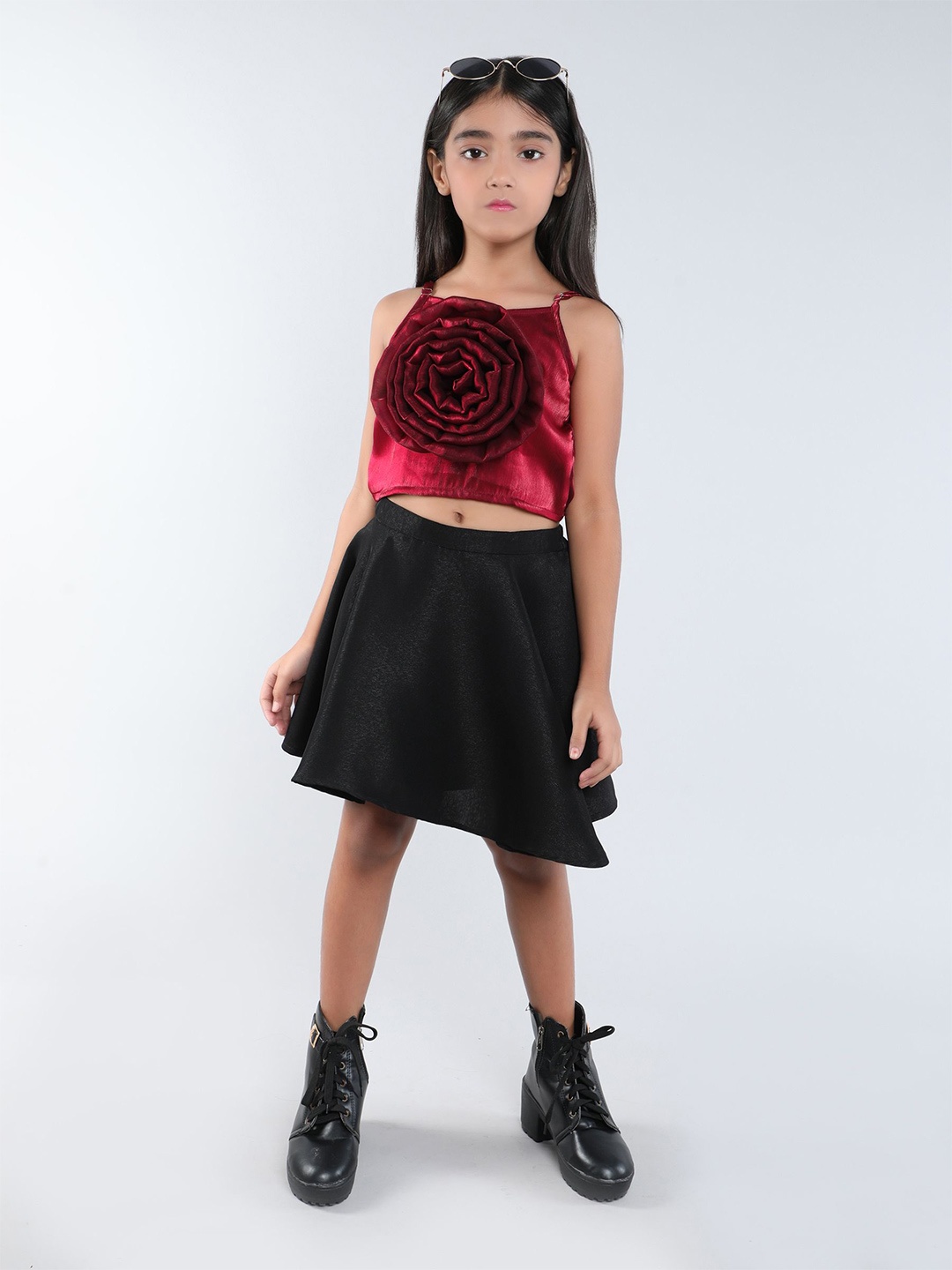 

taffykids Girls Shoulder Straps Top With Skirt, Red