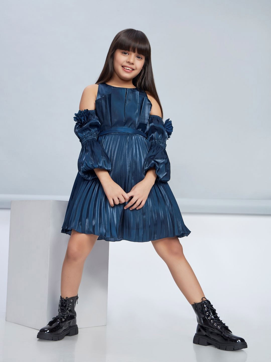 

Peppermint Girls Puff Sleeves Fit & Flare Dress, Blue