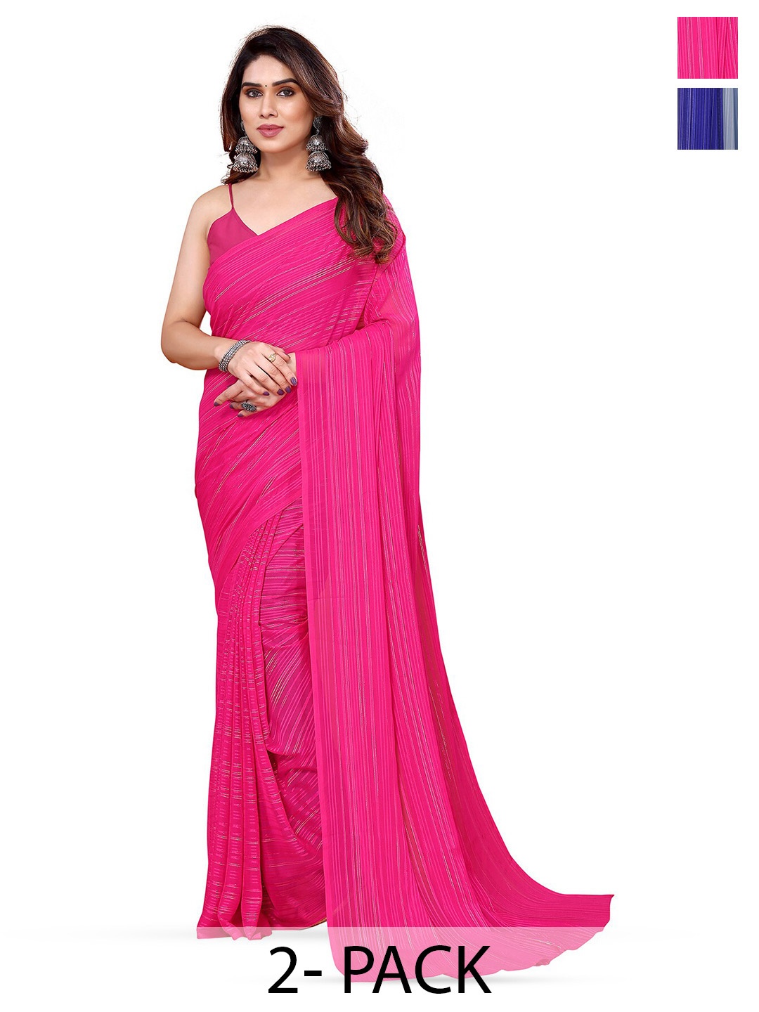 

Moda Rapido Set of 2 Striped Satin Sarees, Pink