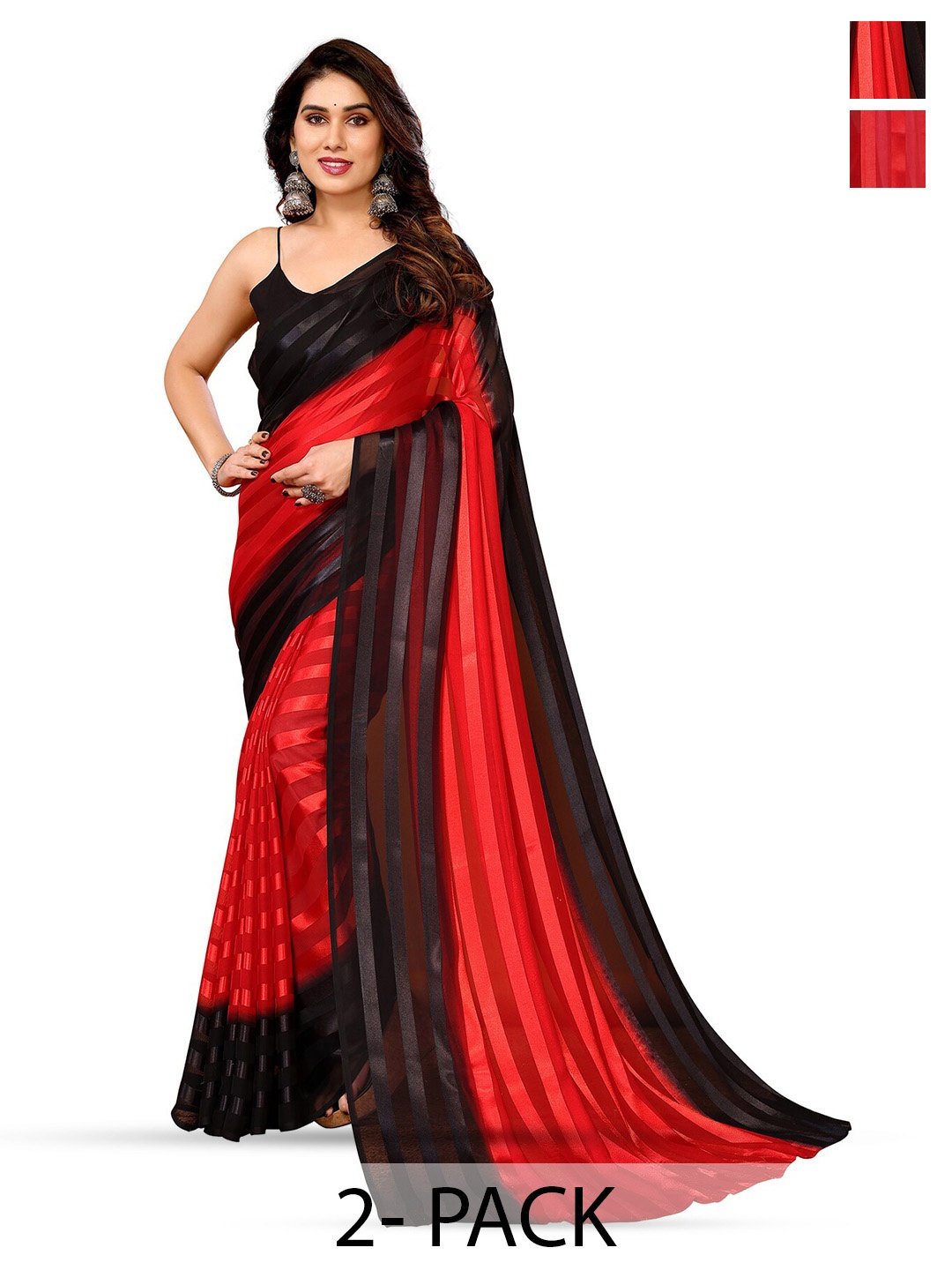 

Moda Rapido Set of 2 Striped Printed Satin Saree, Red