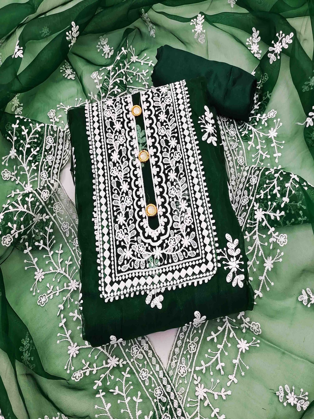 

Blissta Floral Embroidered Organza Unstitched Dress Material, Green