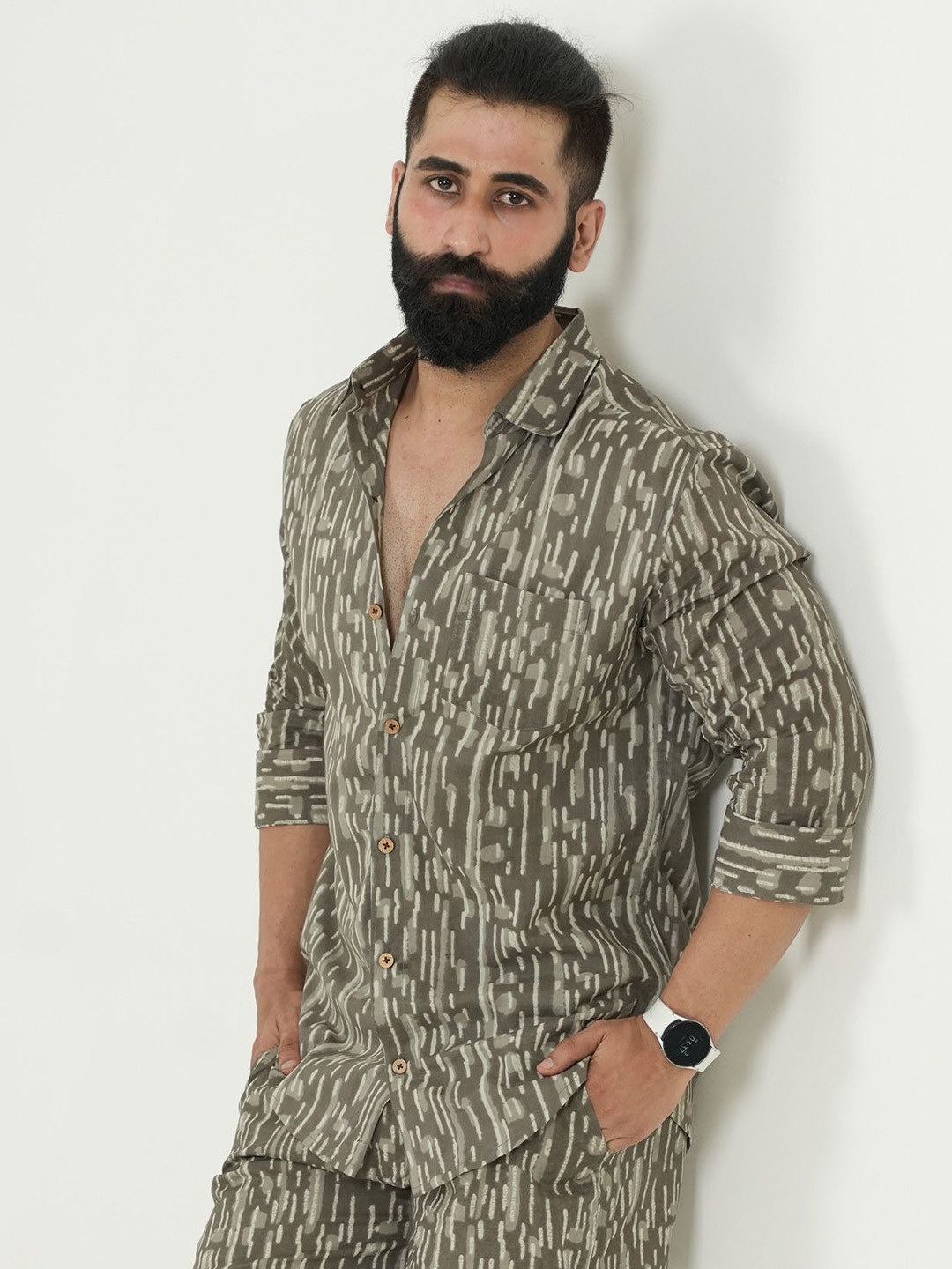 

Style Matters Men Standard Fit Spread Collar Abstract Printed Cotton Casual Shirt, Olive