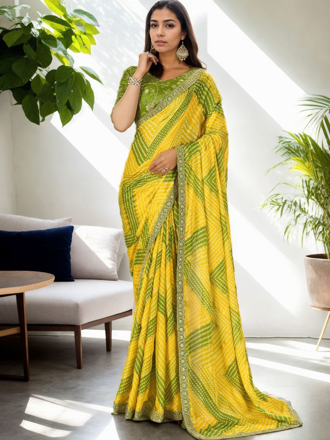 

Mitera Bandhani Embroidered Saree With Unstitched Blouse Piece, Yellow