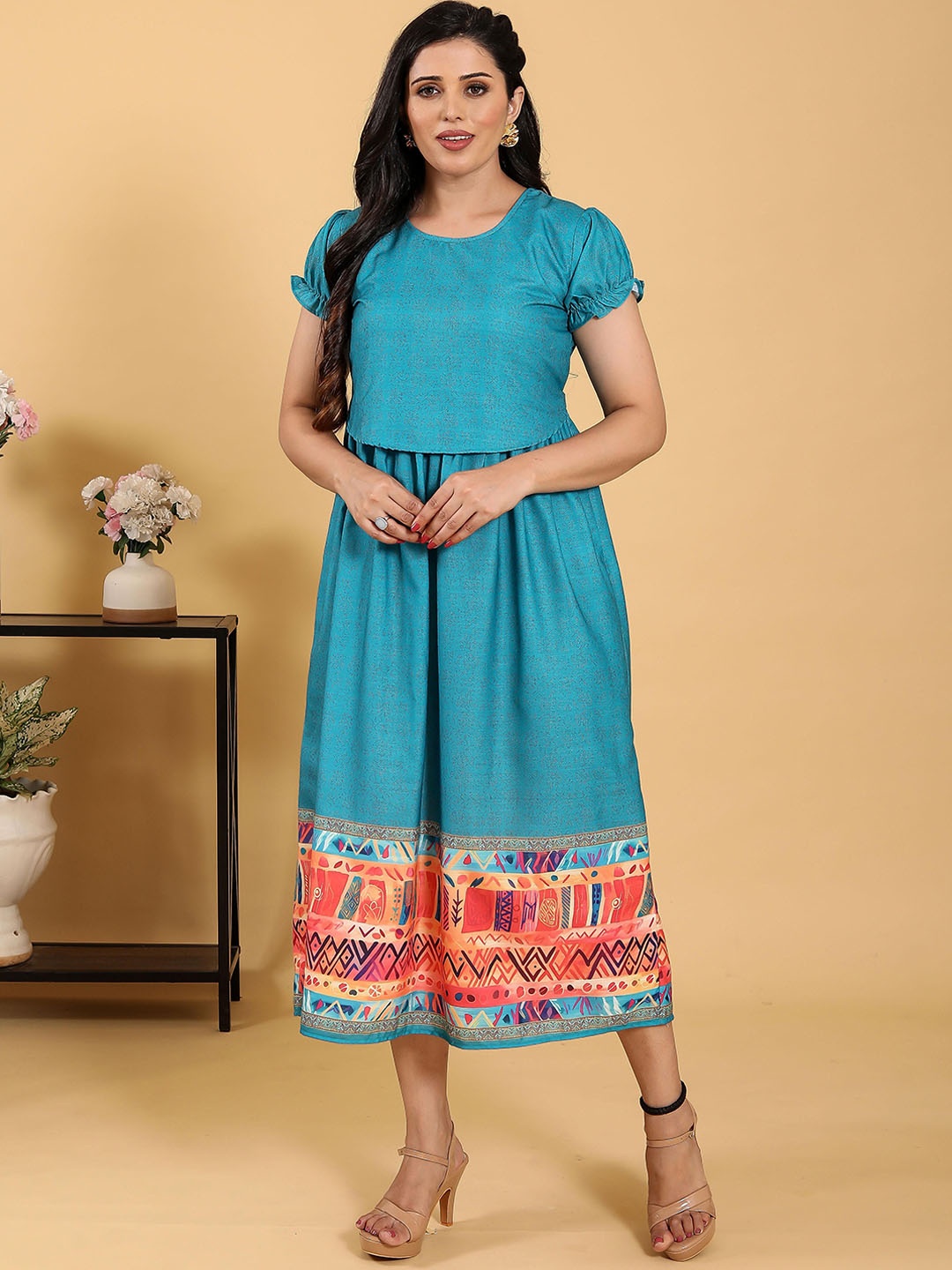 

RITIJYA Ethnic Motifs Printed Round Neck Zipless Maternity Ethnic Dresses, Teal