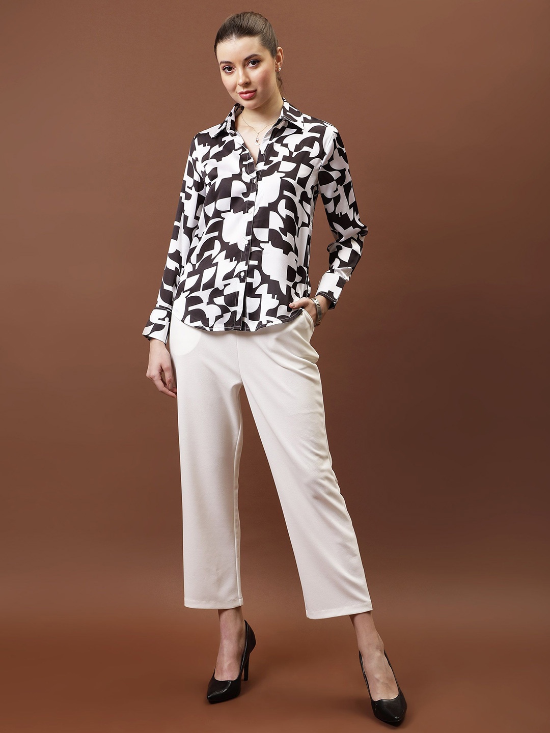 

Athena Immutable Women Relaxed Fit Spread Collar Abstract Printed Satin Casual Shirt, Black