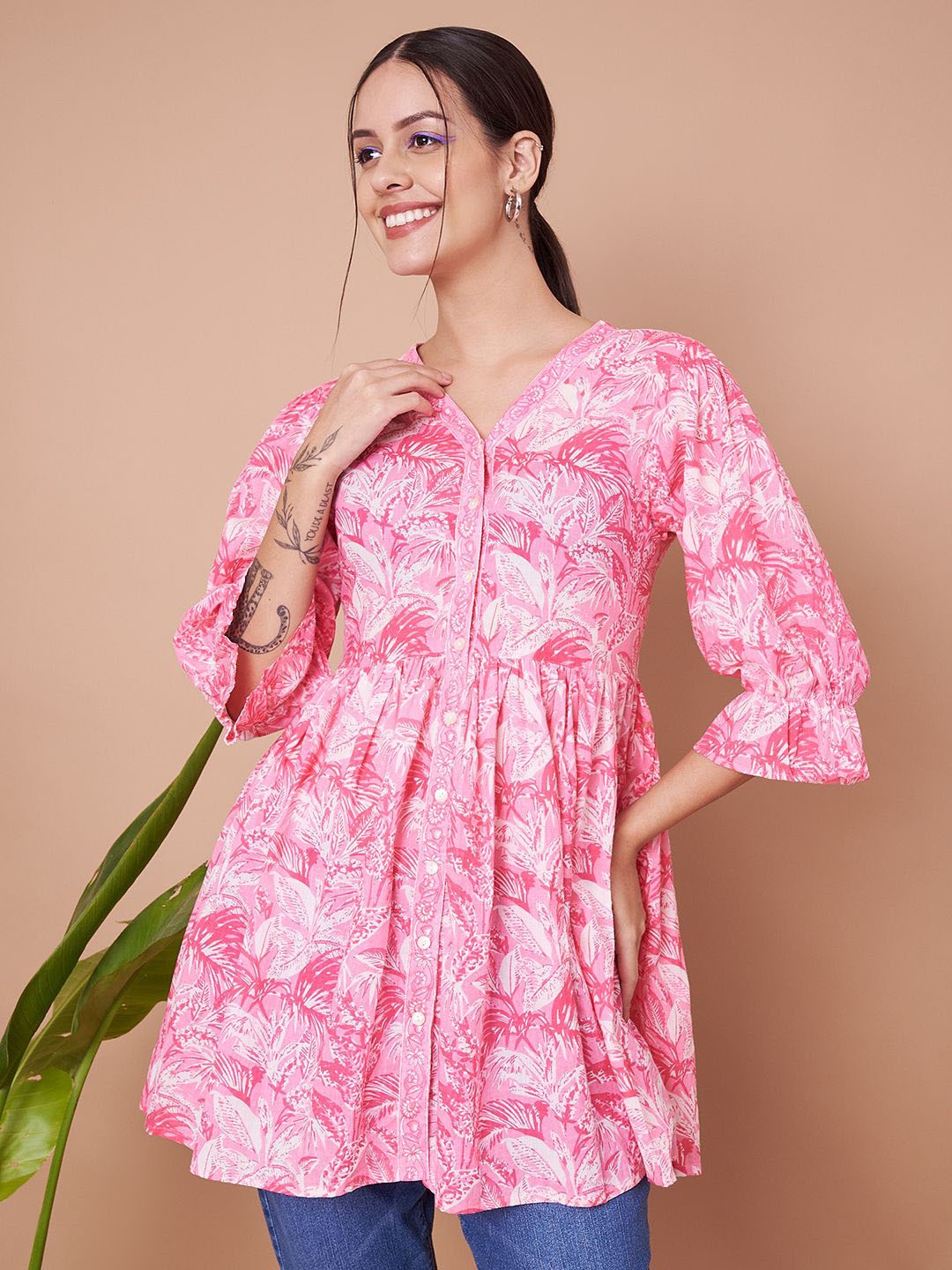 

JAPER KURTI Floral Print Puff Sleeve Cotton Peplum Longline Top, Pink