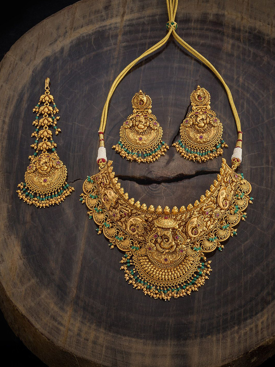 

Kushal's Fashion Jewellery Gold-Plated Ruby & Zirconia-Studded Antique Jewellery Set