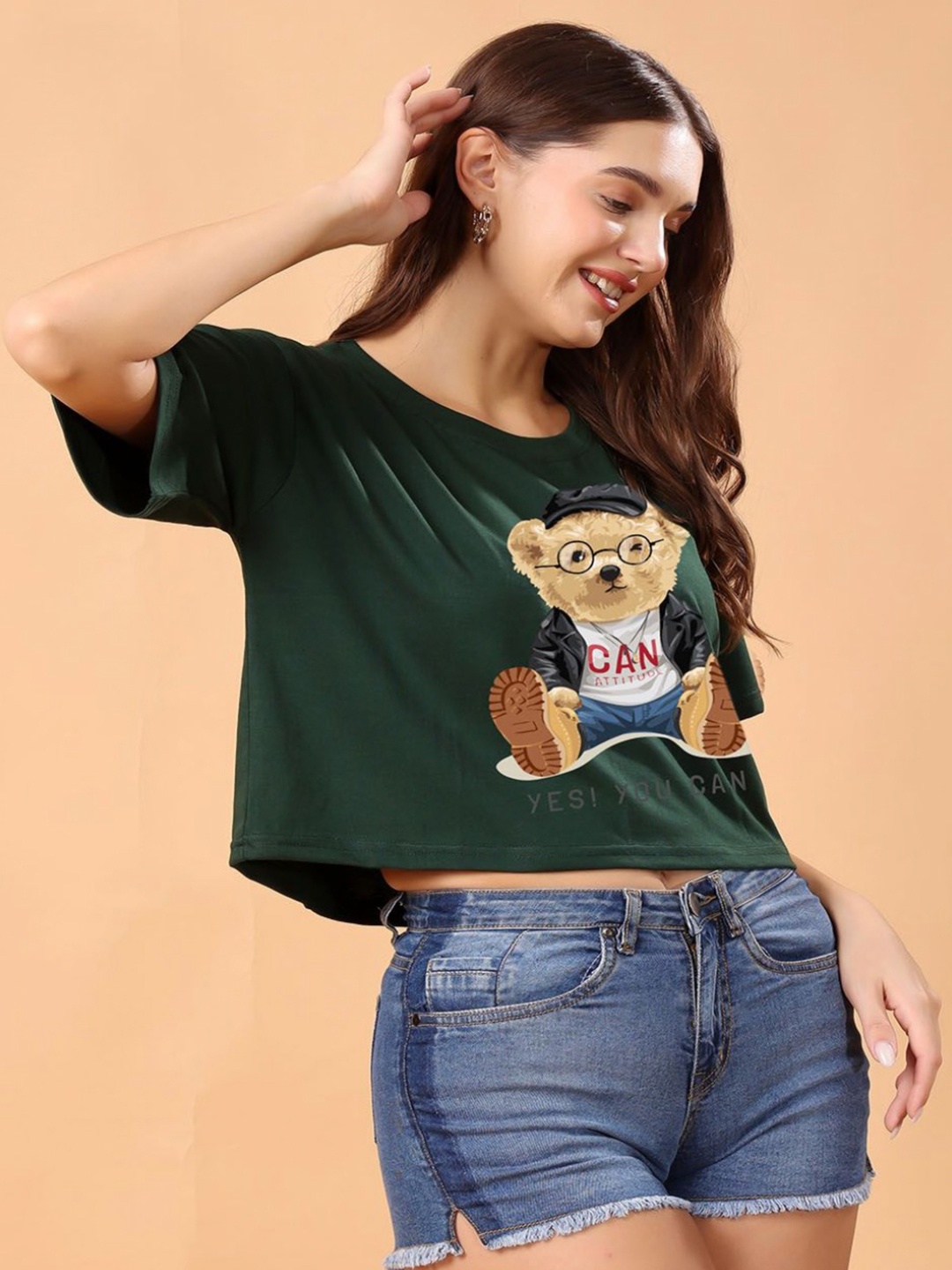 

SWIFTLY Women Bio Finish Graphic Printed Round Neck Cotton Oversized T-shirt, Green