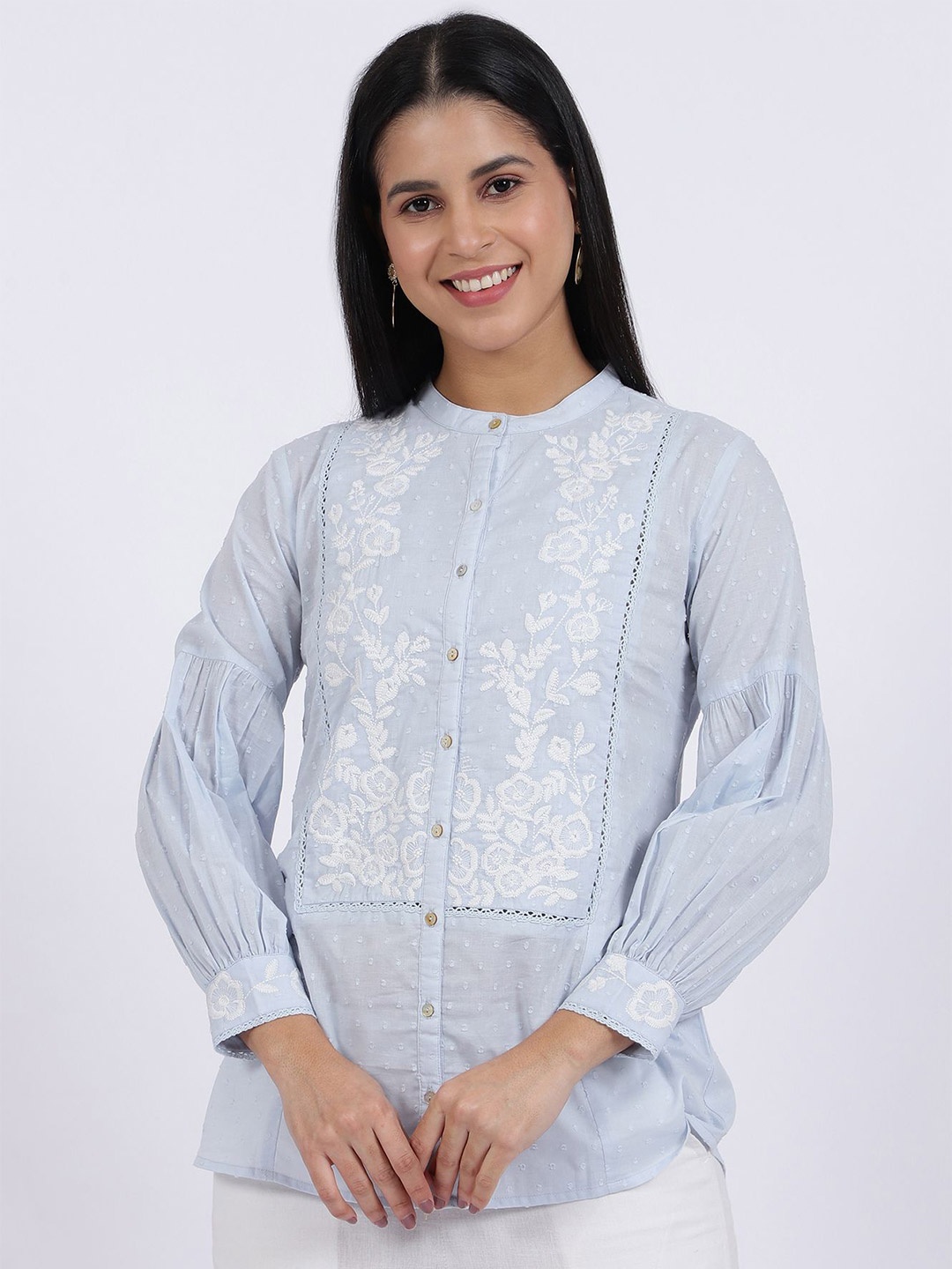 

W Embroidered Cotton Shirt Style Top, Blue