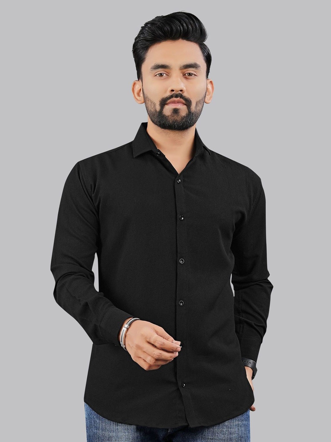 

KHUSHI CREATION Men Original Fit Spread Collar Solid Casual Shirt, Black