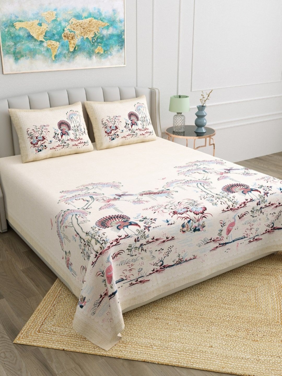 

BED-SHEET.COM Blue & Cream Floral Printed Cotton 180 TC King Bedsheet Set 2.28 m x 2.74 m