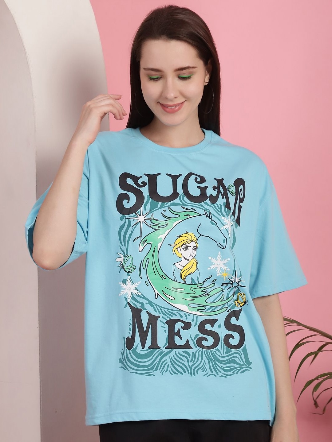 

Dreambe Women Fusion Graphic Printed Round Neck Cotton Oversized T-shirt, Turquoise blue