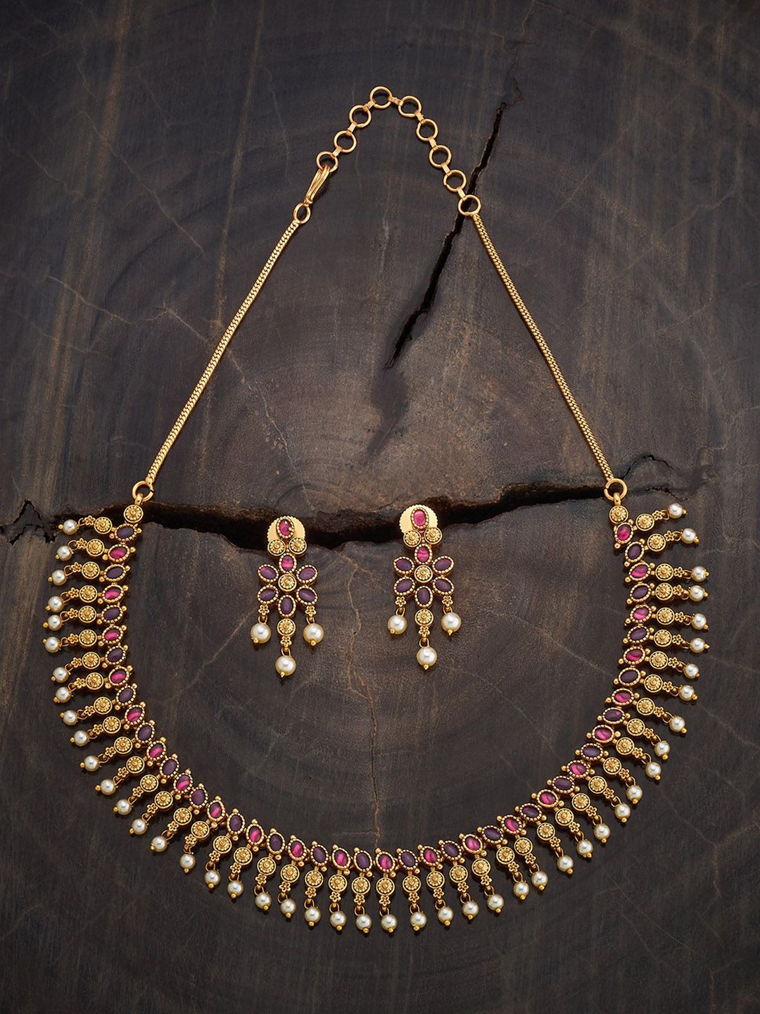 

Kushal's Fashion Jewellery Gold-Plated Ruby-Studded Necklace & Earrings