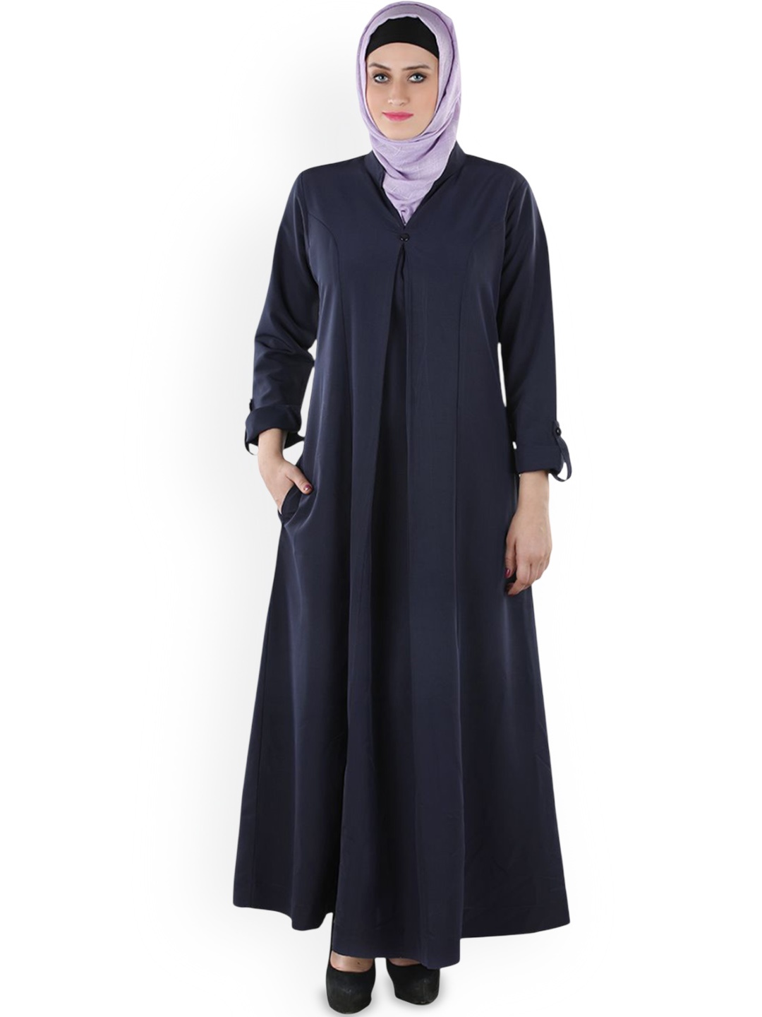 

MOMIN LIBAS Mandarin Collar Front Button Abaya, Blue