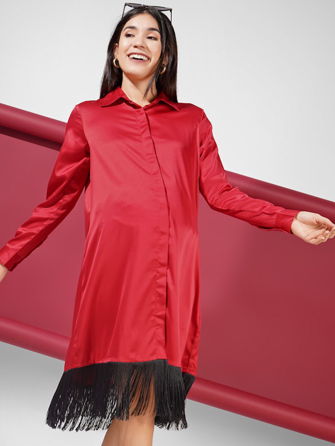 

angloindu Women Solid Satin Maternity Shirt Midi Dress, Red
