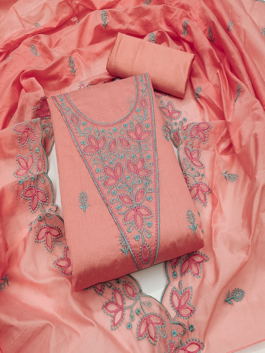 

HERE&NOW Floral Embroidered Chanderi Cotton Unstitched Dress Material, Peach