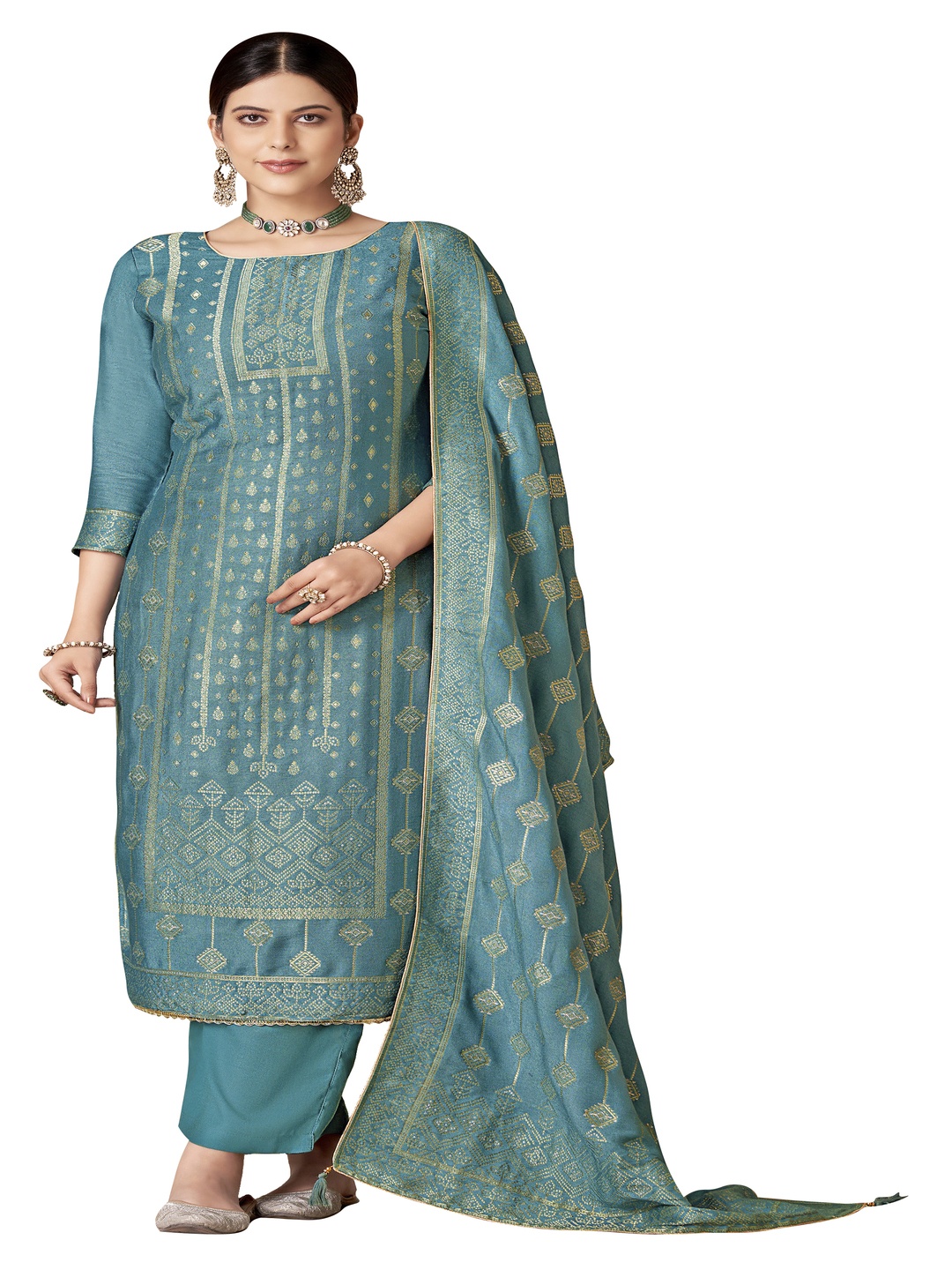 

DRAVINAM Trends Floral Woven Design Pashmina Unstitched Dress Material, Blue