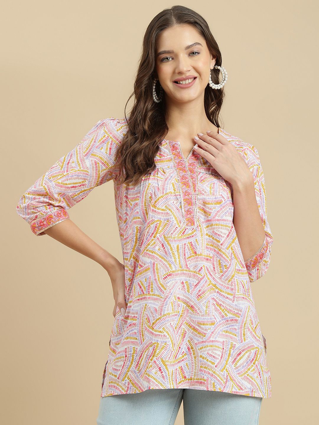 

KALINI Women Printed Round Neck Cotton Top, Peach
