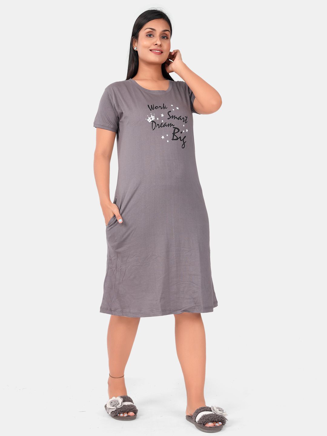 

SWEET MOON Typography Printed Midi Nightdress, Grey