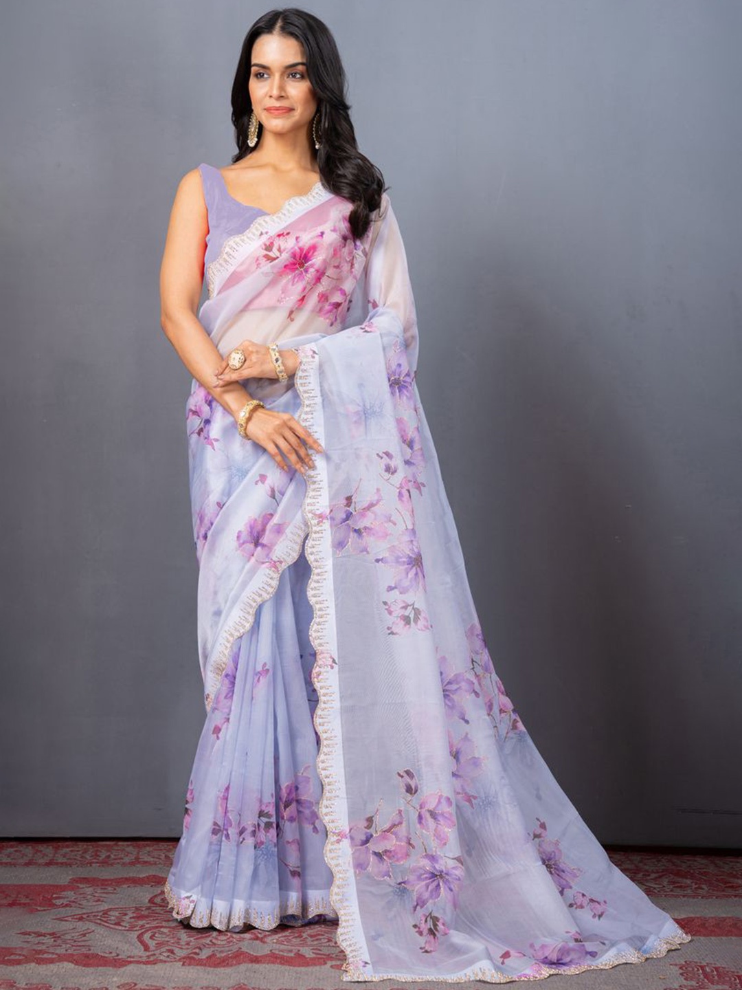 

KAJREE Floral Printed Beads and Stones Organza Saree, Lavender