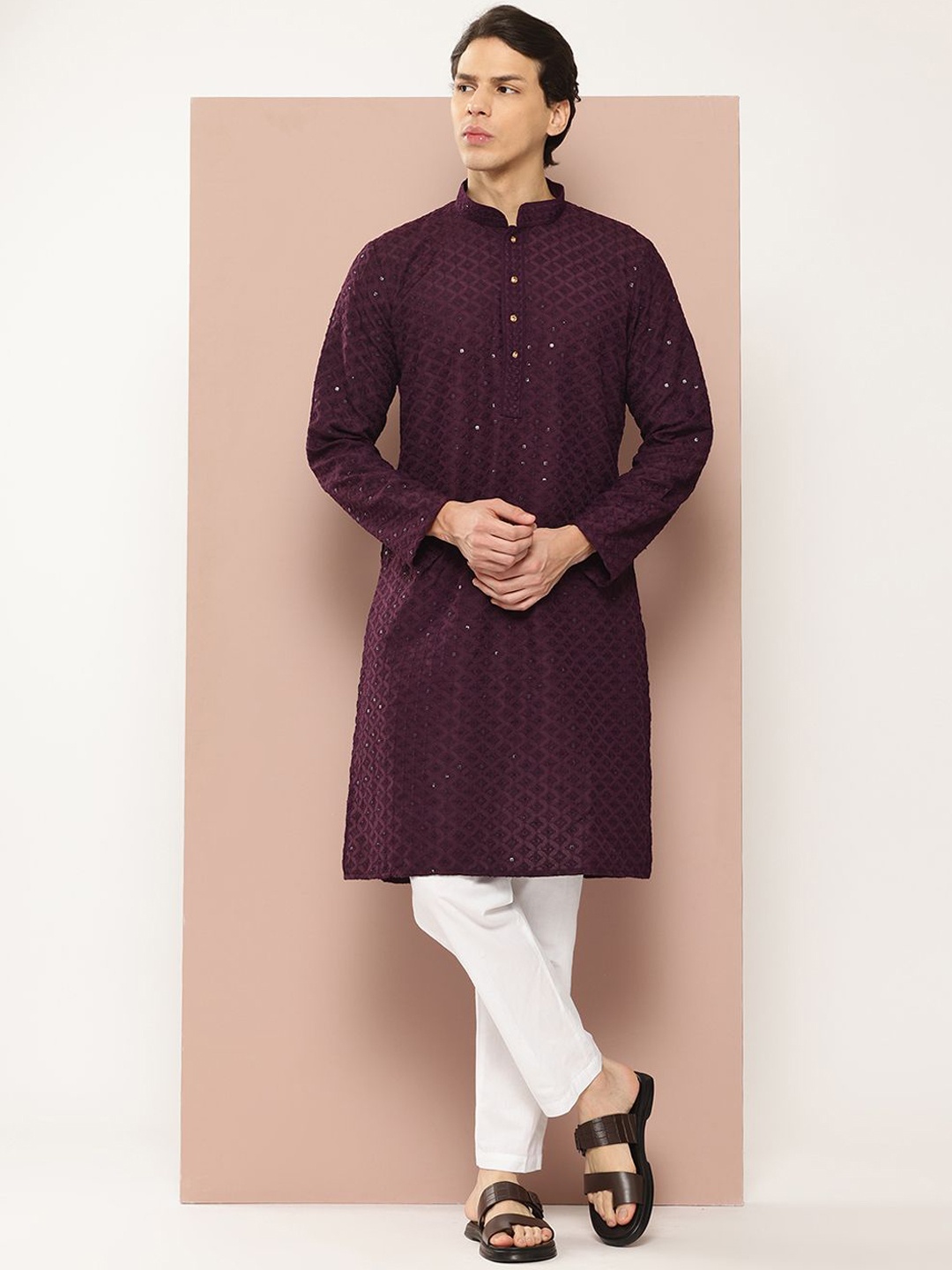 

See Designs Woven Design Mandarin Collar Straight Kurta, Purple