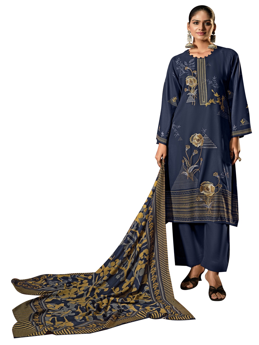 

DRAVINAM Trends Floral Embroidered Pashmina Unstitched Dress Material, Blue