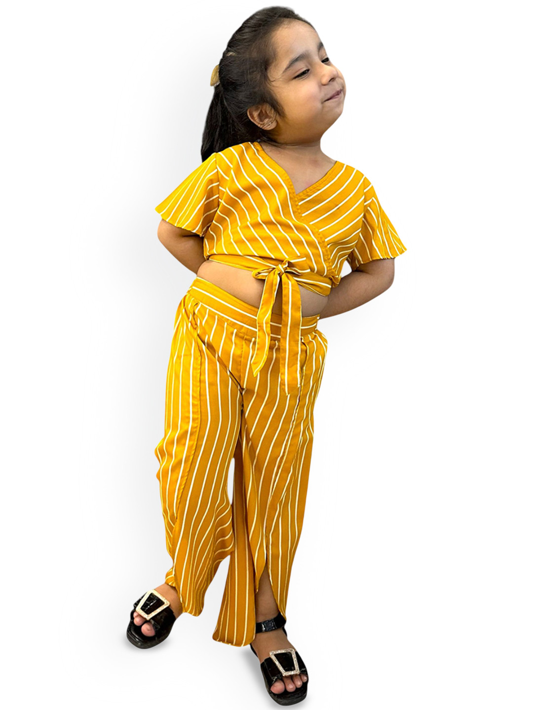 

Samsara Couture Girls Striped V-Neck Top With Palazzo, Yellow