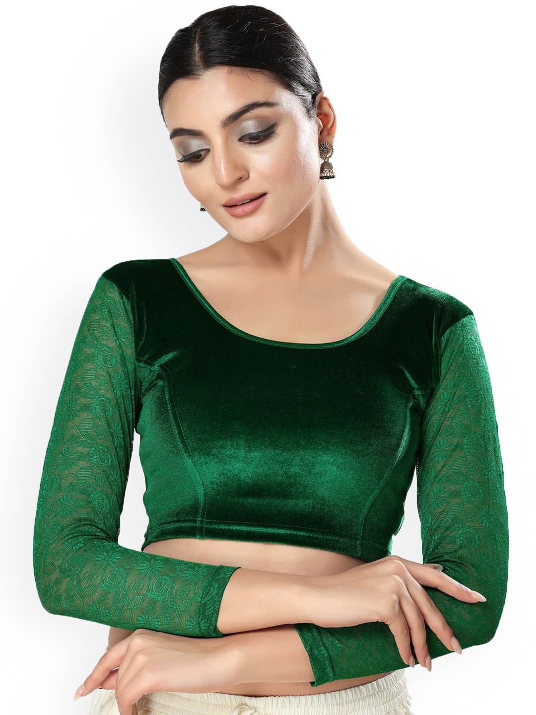 

Mmore Round Neck Stretchable Saree Blouse, Green
