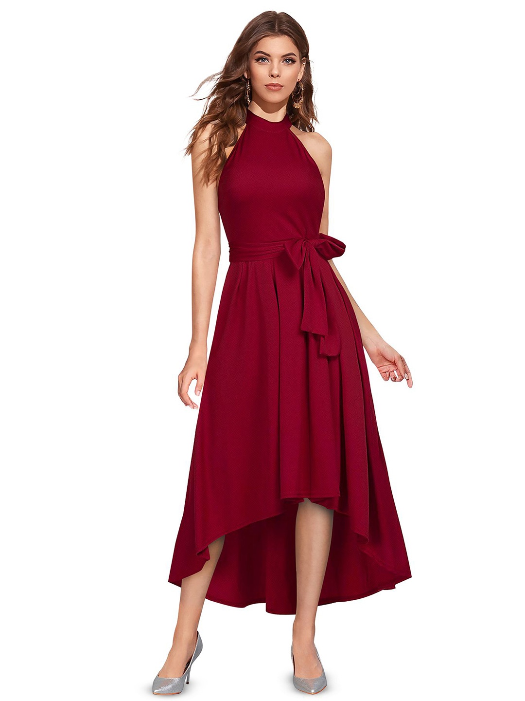 

SHOPONBIT Fit & Flare Round Neck Midi Dress, Maroon