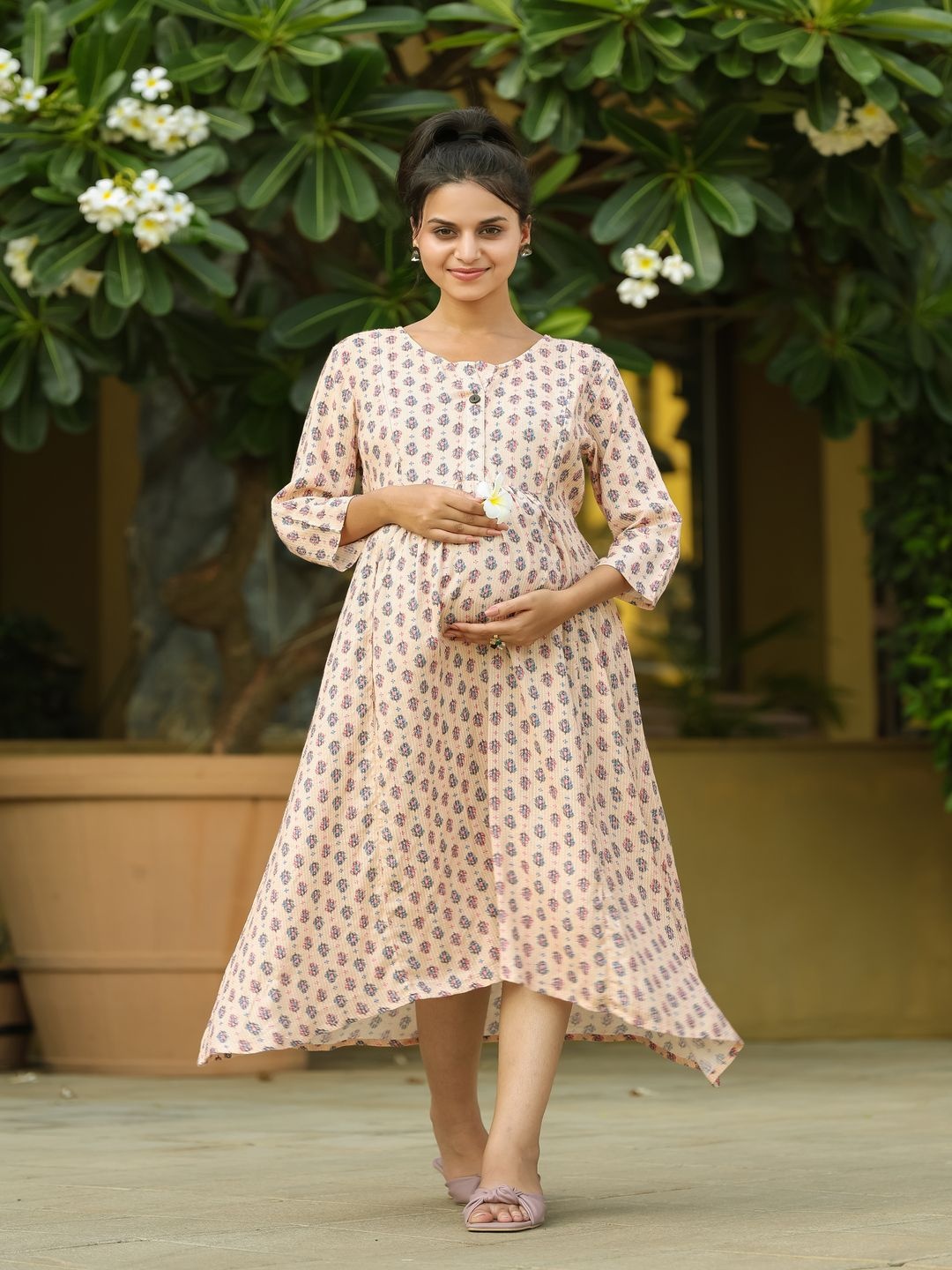 

SWEET MOON Floral Printed Round Neck Fit and Flare Maternity Midi Dress, Peach