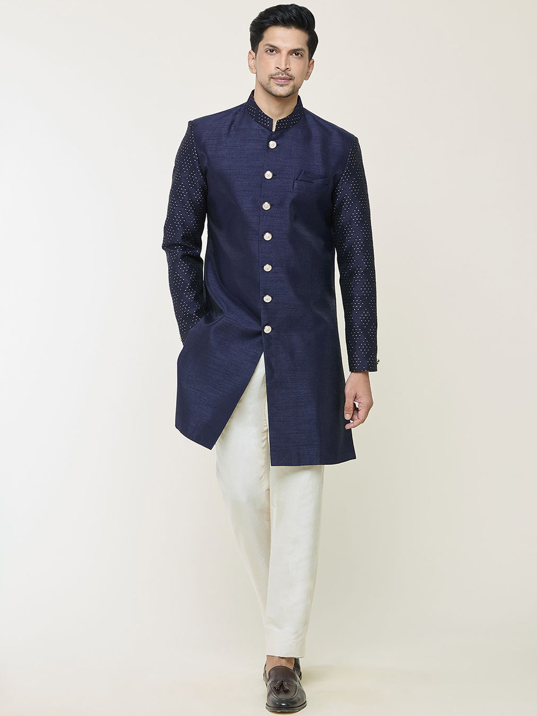 

Arihant Rai Sinha Men Printed Pure Silk Mandarin Collar Sherwani Set, Blue