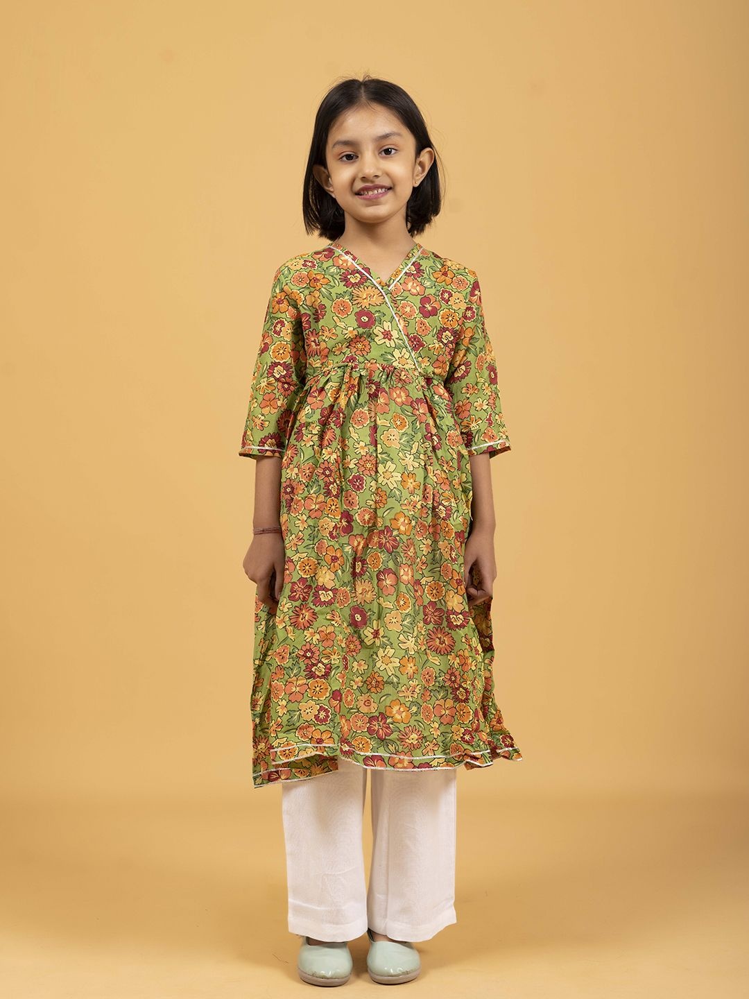 

SPARSA Girls Floral Printed Cotton Fit & Flare Dress, Green