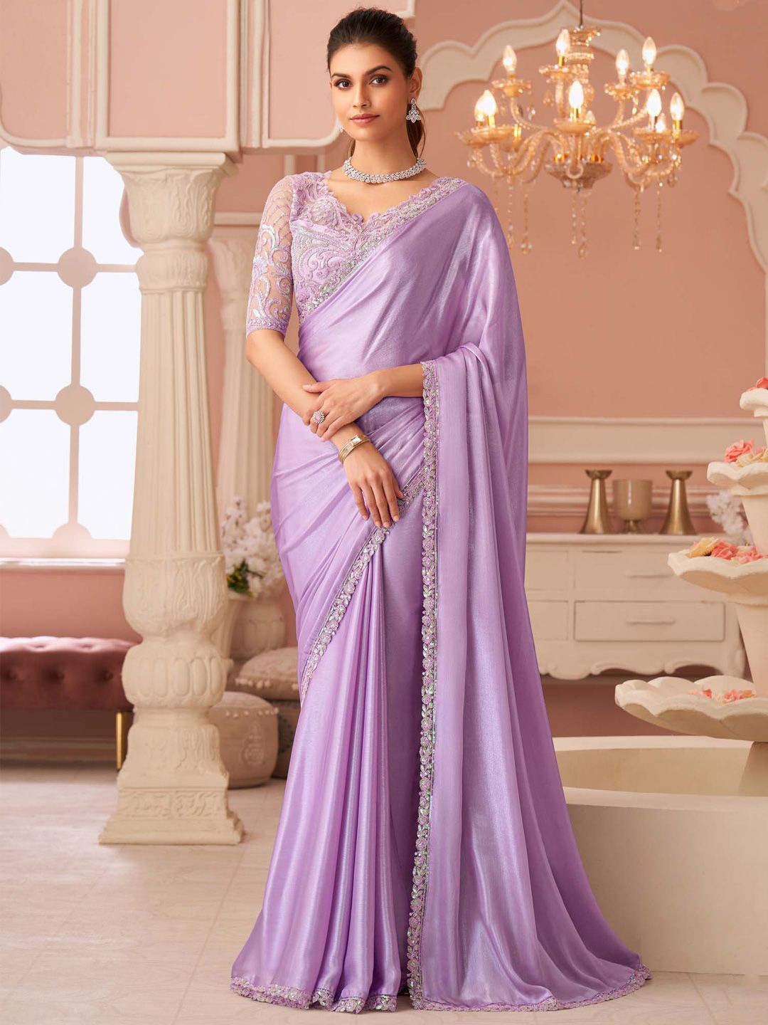

Mitera Sequinned Pure Chiffon Saree, Lavender