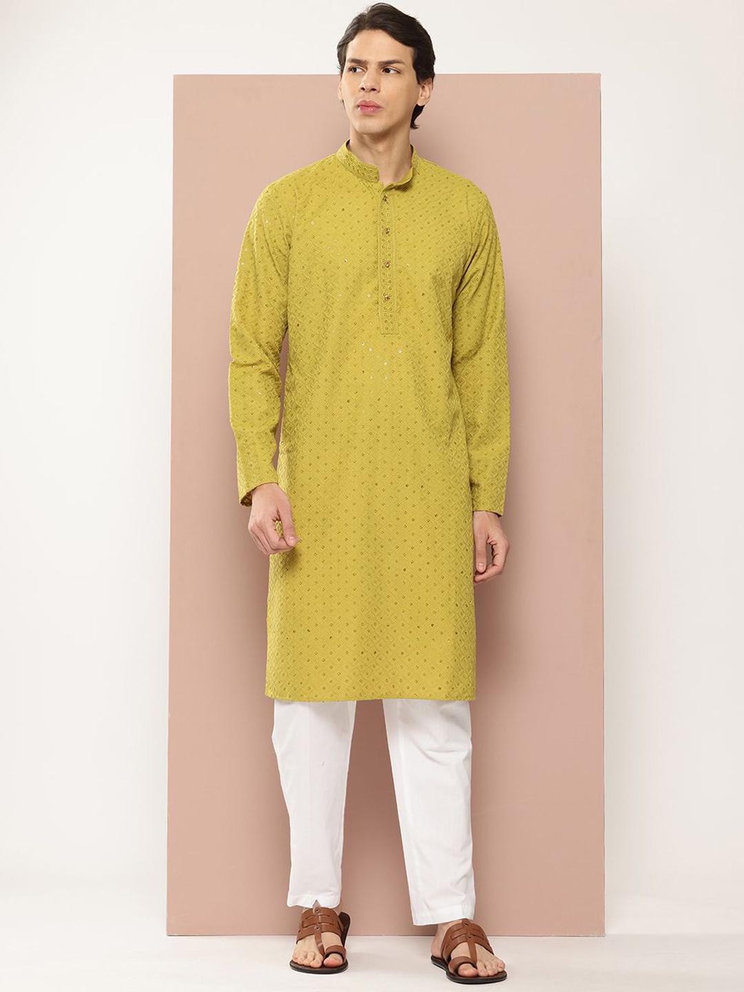 

See Designs Woven Design Embroidered Mandarin Collar Straight Kurta, Lime green