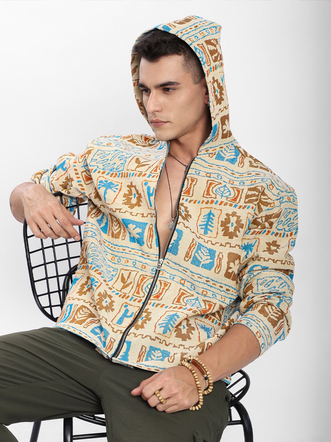 

Beyoung Men Geometric Floral Print Hoodie Shacket Sweatshirts, Beige