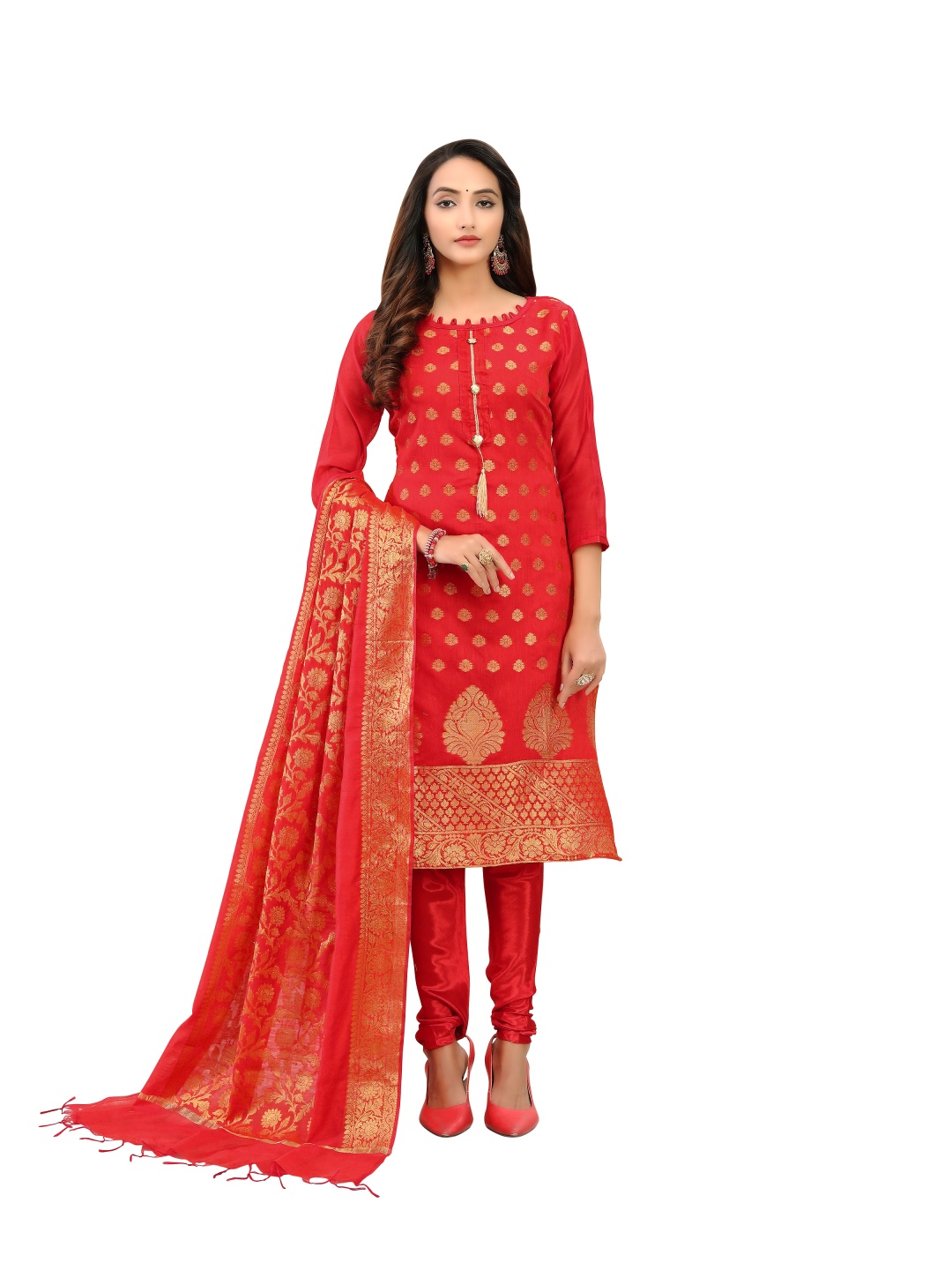 

HERE&NOW Floral Woven Design Banarasi Jacquard Unstitched Dress Material, Red