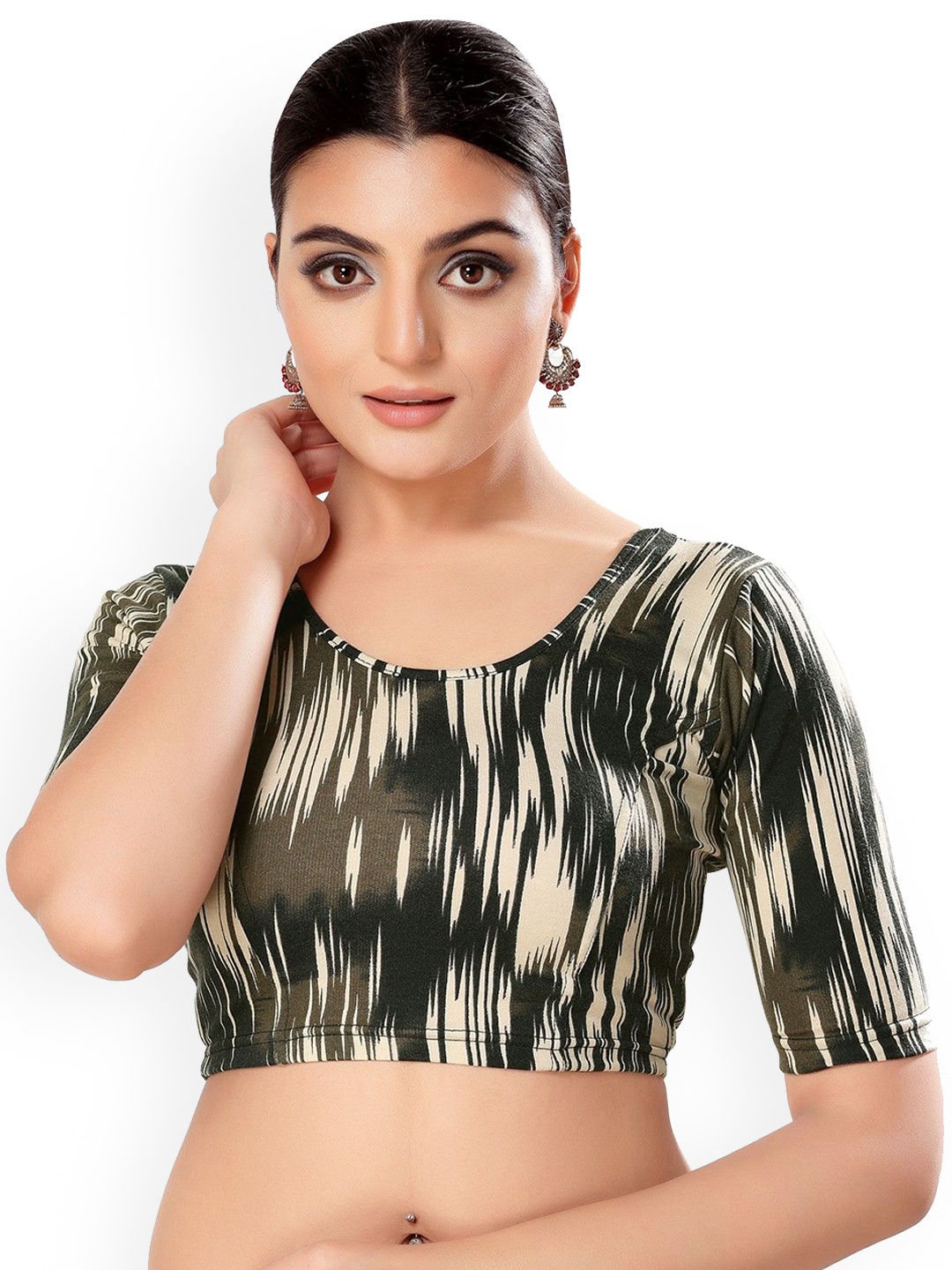 

Mmore Women Printed Cotton Stretchable Saree Blouse, Black