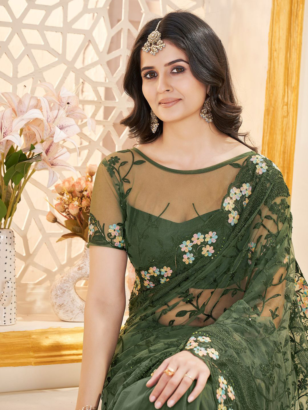 

Anouk Floral Embroidered Beads and Stones Saree, Green