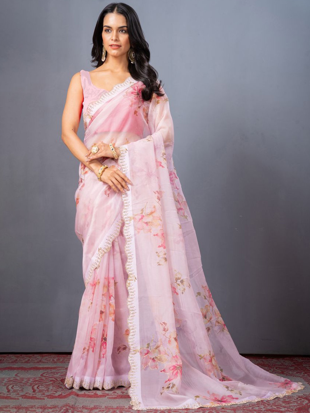 

KAJREE Floral Printed Organza Saree, Pink